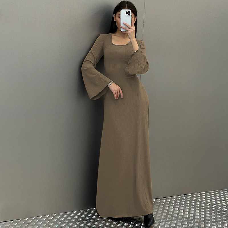 外贸女裙秋冬新款宽松加大码连衣裙后背系带喇叭长袖高腰螺纹长裙详情14
