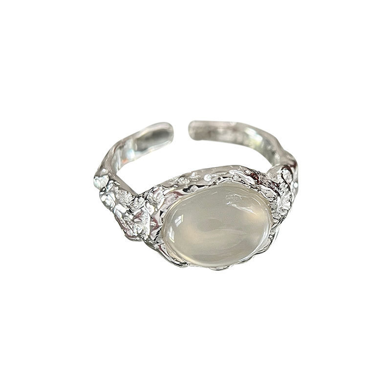 S925纯银肌理感熔白玛瑙戒指不规则锡纸开口戒蛋形玉石指环女详情5