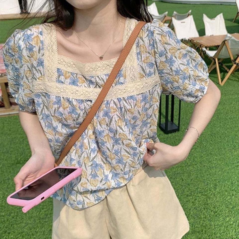 2023夏季韩版宽松雪纺短袖上衣女方领碎花娃娃衫设计感衬衫小个子详情9