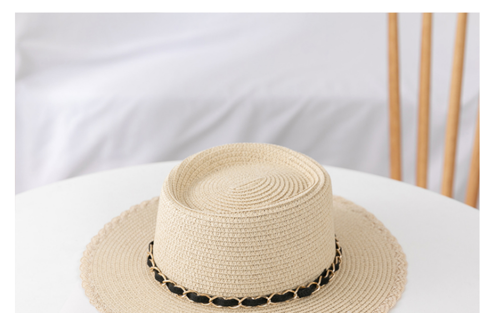 依慕栩韩版花边金属配件草帽草编帽子男女士户外旅游遮阳帽太阳帽详情17