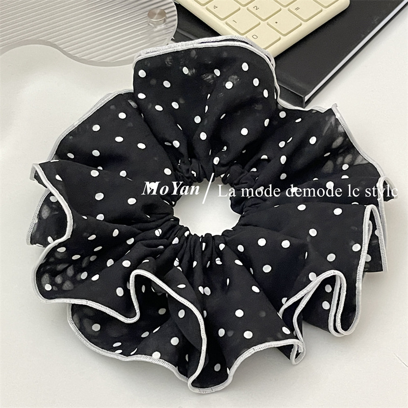 Double-layer white large polka dot large intestine hair band, elegant retro edge hair tie, French simple and elegant hair flower hair tie pic 11