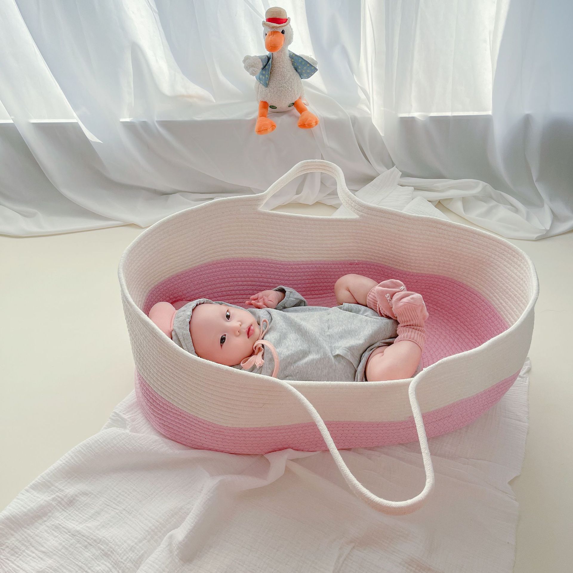 Portable pure cotton woven baby sleeping basket, portable baby crib for going out pic 38