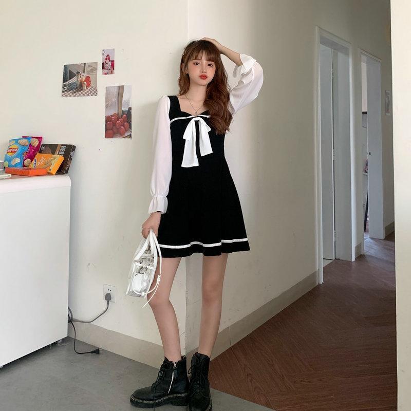 秋装新款性感方领泡泡袖连衣裙女大码胖mm条纹蝴蝶结显瘦长袖裙子详情5