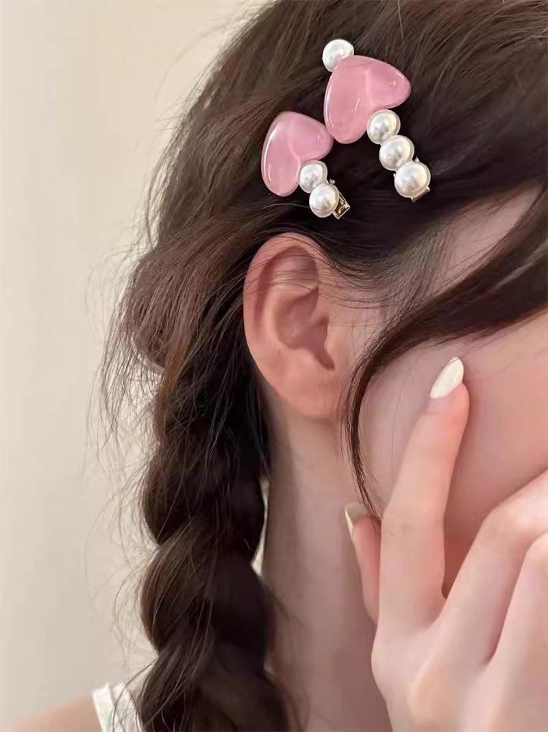 Sweet pearl heart-shaped hair clips, forehead fringe clips, girlish princess hair clips, cute duckbill clips, hair accessories pic 6