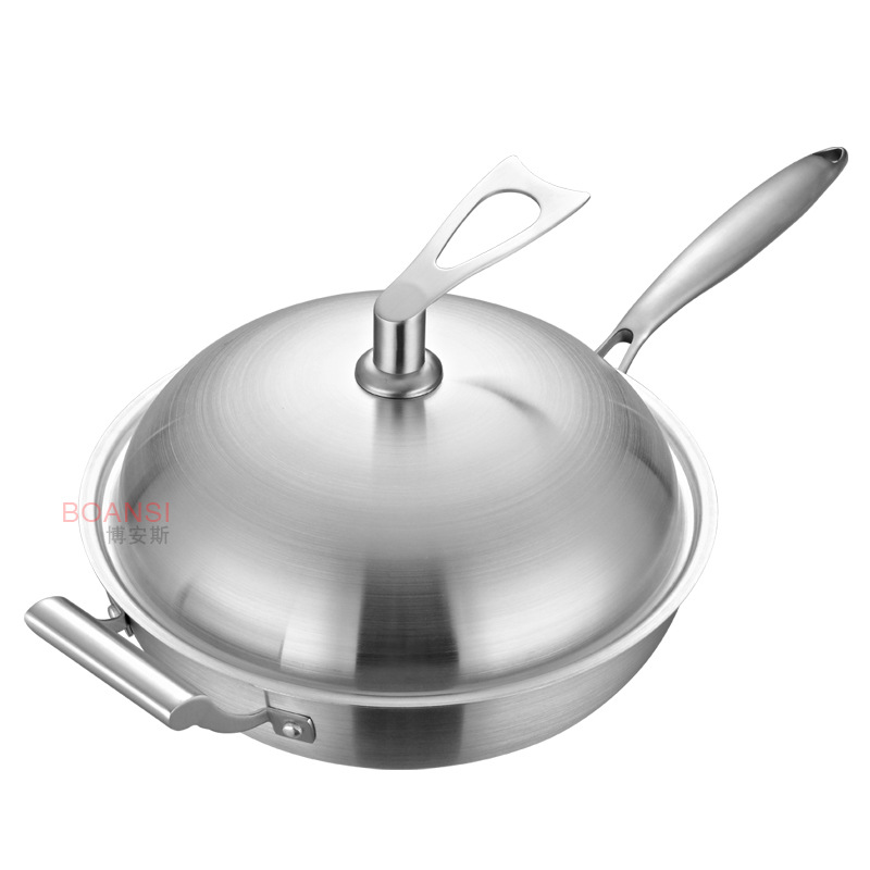 304 stainless steel wok, three-layer steel, low oil fume, no coating, flat bottom, non-stick wok, double-ear induction cooker, universal pic 16