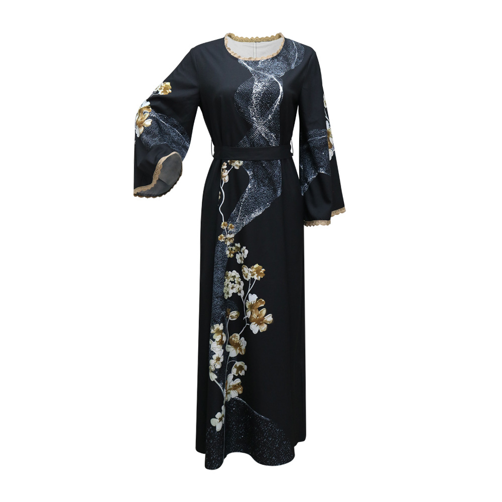 XQY500263 Cross-border Middle East Muslim Robe Dubai Arab printed Robe Dress with belt pic 37