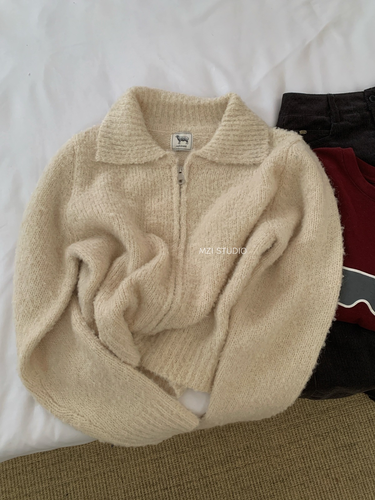 M.ZI秋冬韩系减龄羊毛混纺针织开衫慵懒风休闲宽松拉链毛衣外套女详情15