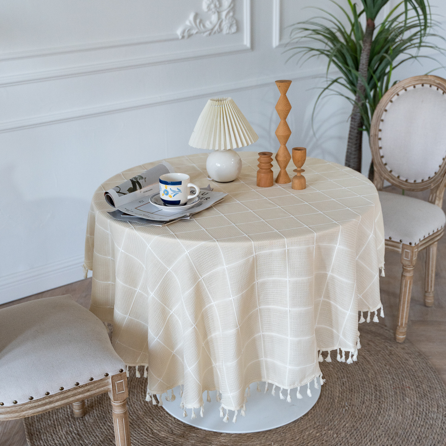 Cross-border TEMU Xiyin round table cloth, Japanese cream white tassel tablecloth, table cloth, cover cloth, Amazon factory wholesale pic 32