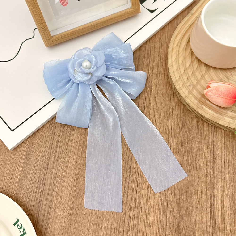 法式雪纺珍珠山茶花蝴蝶结发夹 珠光缎面甜美仙气弹簧夹不伤发头饰 手腕花装饰精致女士礼物详情6