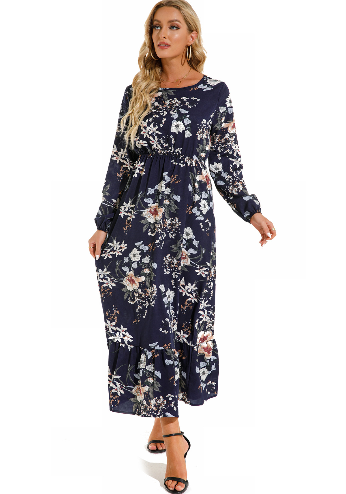 European and American floral long, round-neck, long-sleeved, waist-cinching and slimming dress pic 52