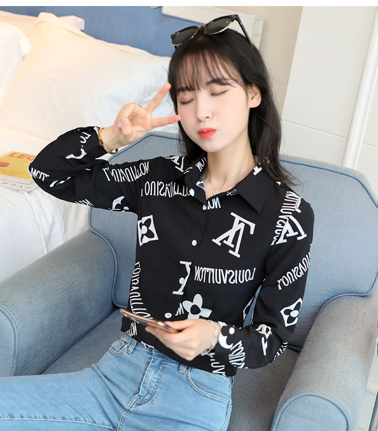 New spring and autumn Korean-style slim-fit shirt for women, long-sleeved printed striped trendy base layer, Hong Kong-style top for women pic 59