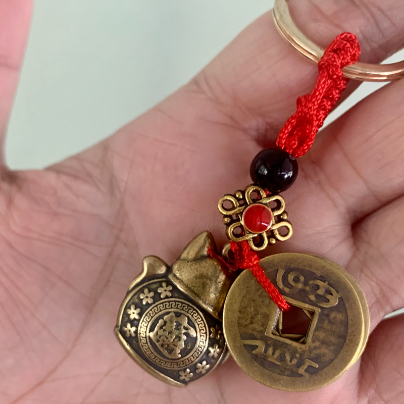 财富猫五帝钱钥匙扣手工黄铜小财猫汽车钥匙扣挂件挂饰一件代发详情9