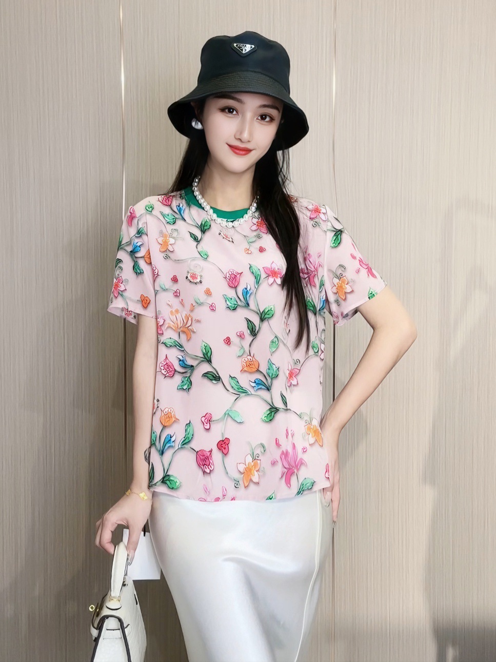 100％桑蚕丝真丝春暖花开全真丝印花女士短袖T恤女2024年春夏新款详情7