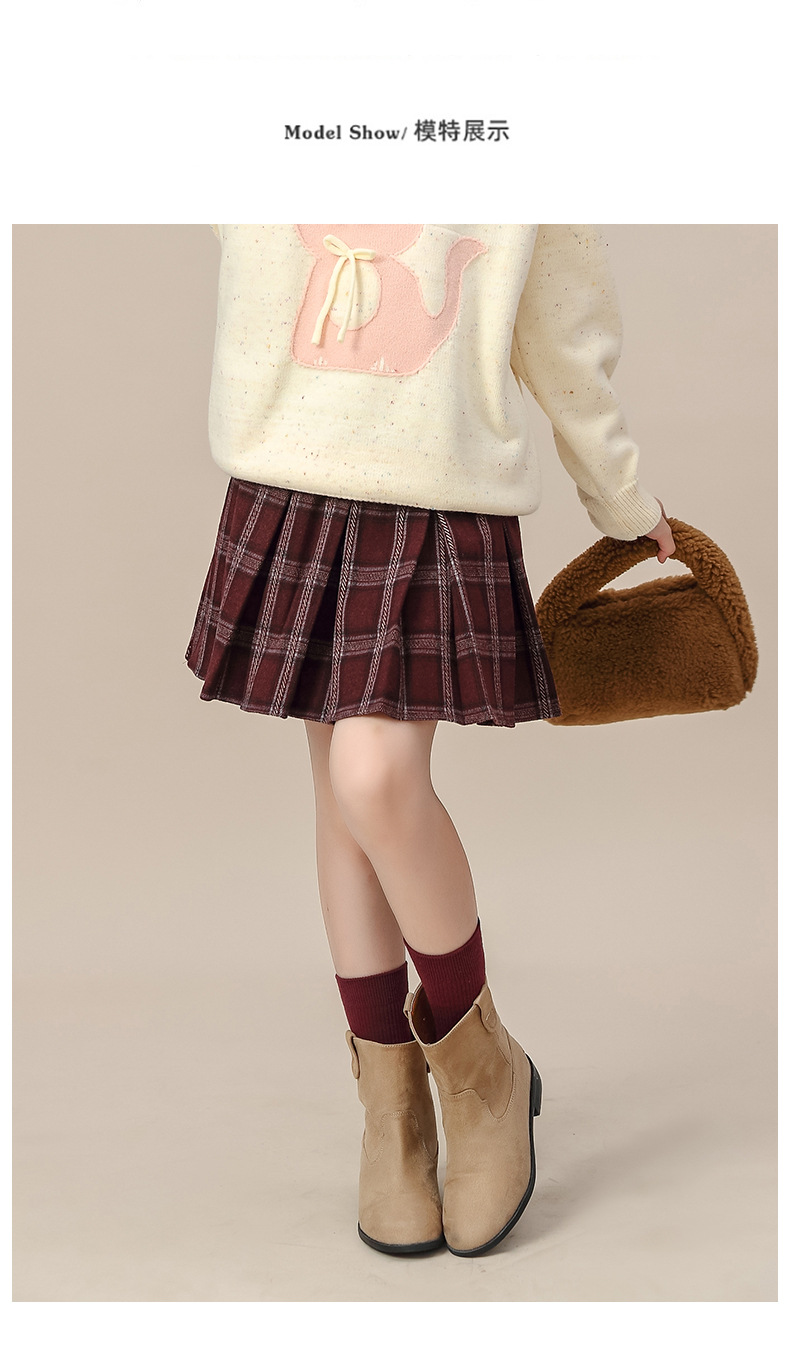 红色圣诞新年款女童磨毛条纹百褶裙秋冬新款中大童毛呢格子半身裙详情7