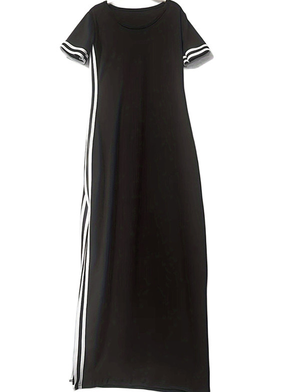 Nuevo estilo simple moda mujer manga corta larga corte abierto vestido con insertos puños con insertos temperamento casual cuello redondo pic 4