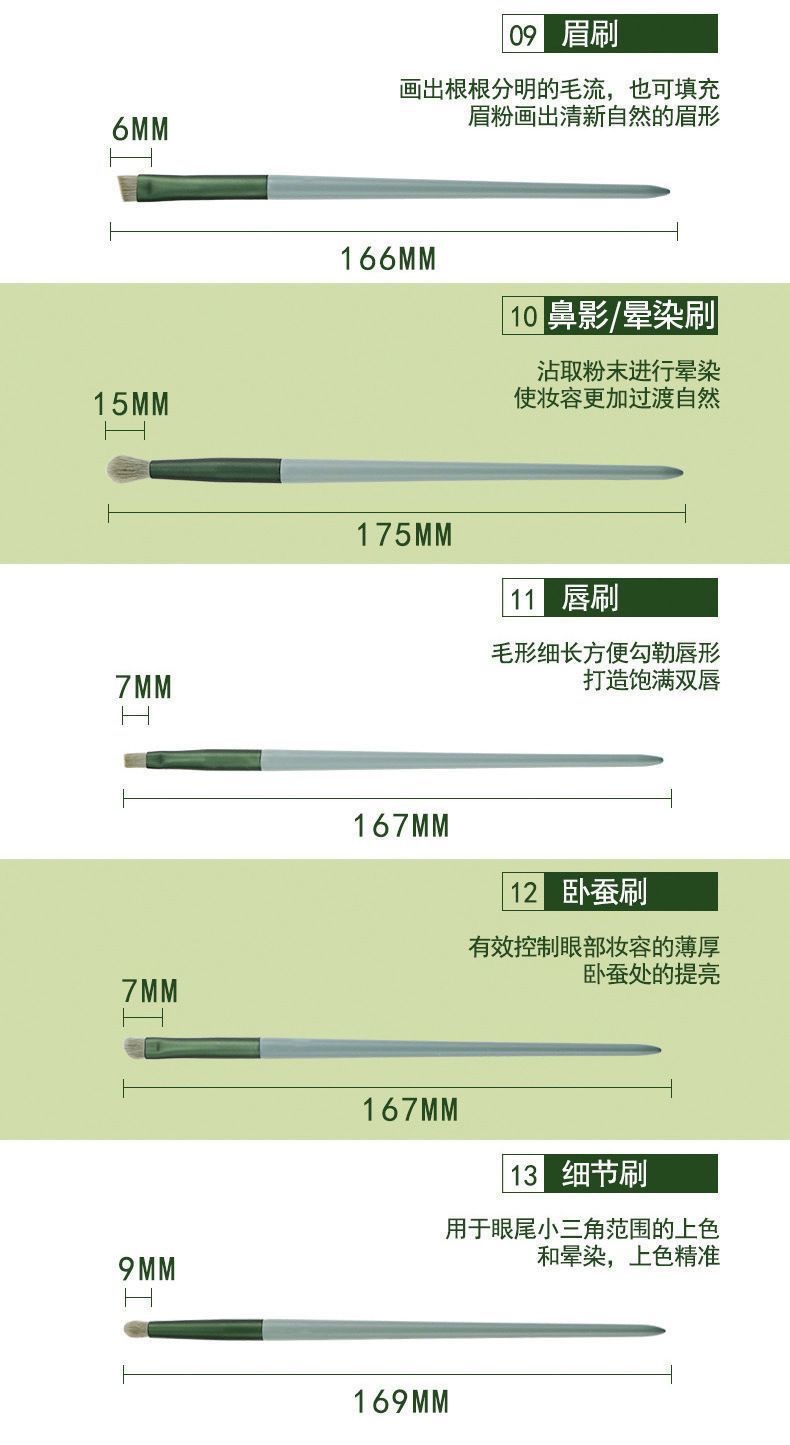 13-piece makeup brush set for beginners: loose powder, eyeshadow, lip concealer, foundation, soft bristles, and Four-Season Green makeup brushes. Exclusively for export pic 5