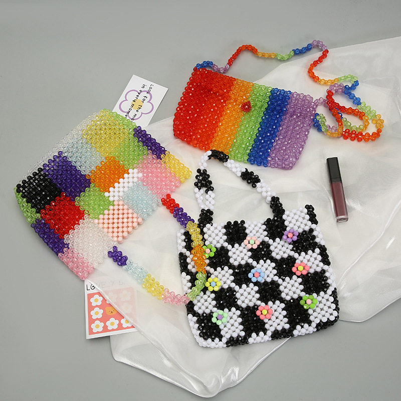 Creative color-blocking hand-held pearl bag, Japanese and Korean internet-famous hand-woven bag, pearl woven handbag, elegant decorative storage bag, and other hair accessories pic 2