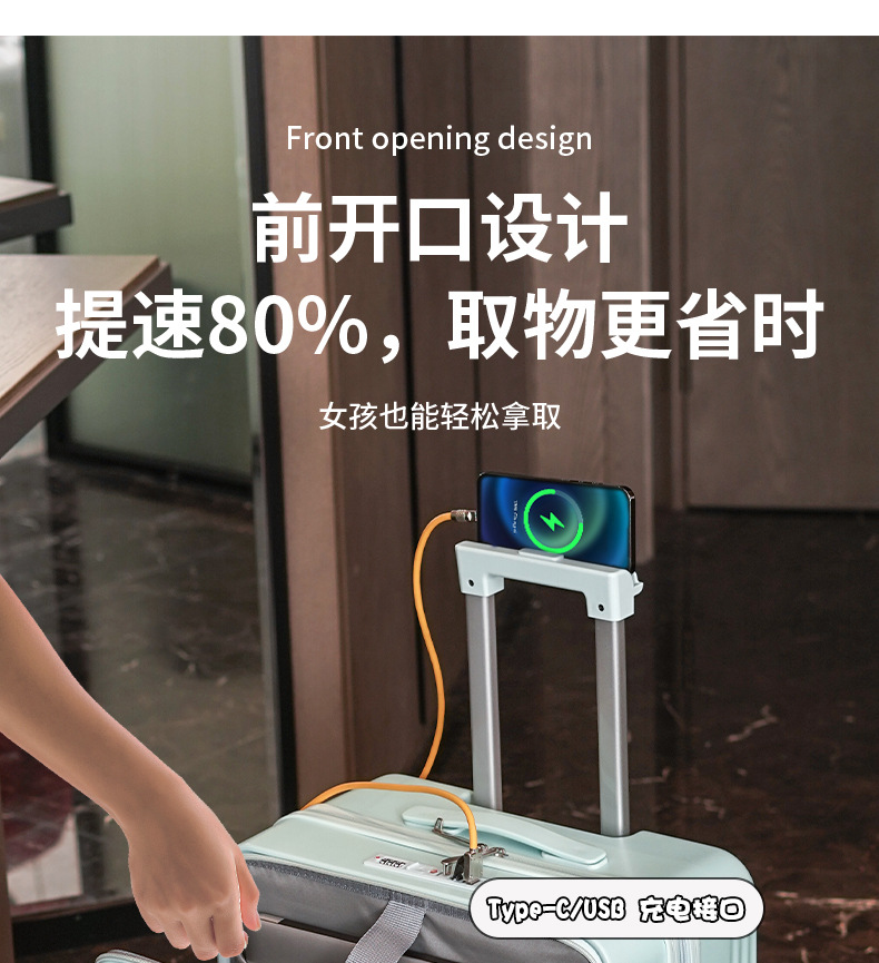 一件代发20寸前置开口行李箱男女新款多功能密码旅行箱拉杆箱批发详情4