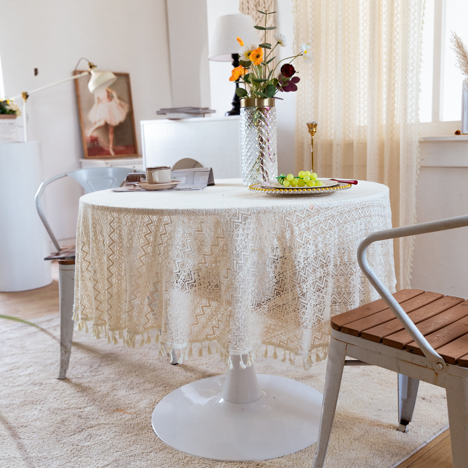 National trend retro hollowed-out lace cover fabric, ins style rectangular white country tablecloth, round table and small round tablecloth pic 19