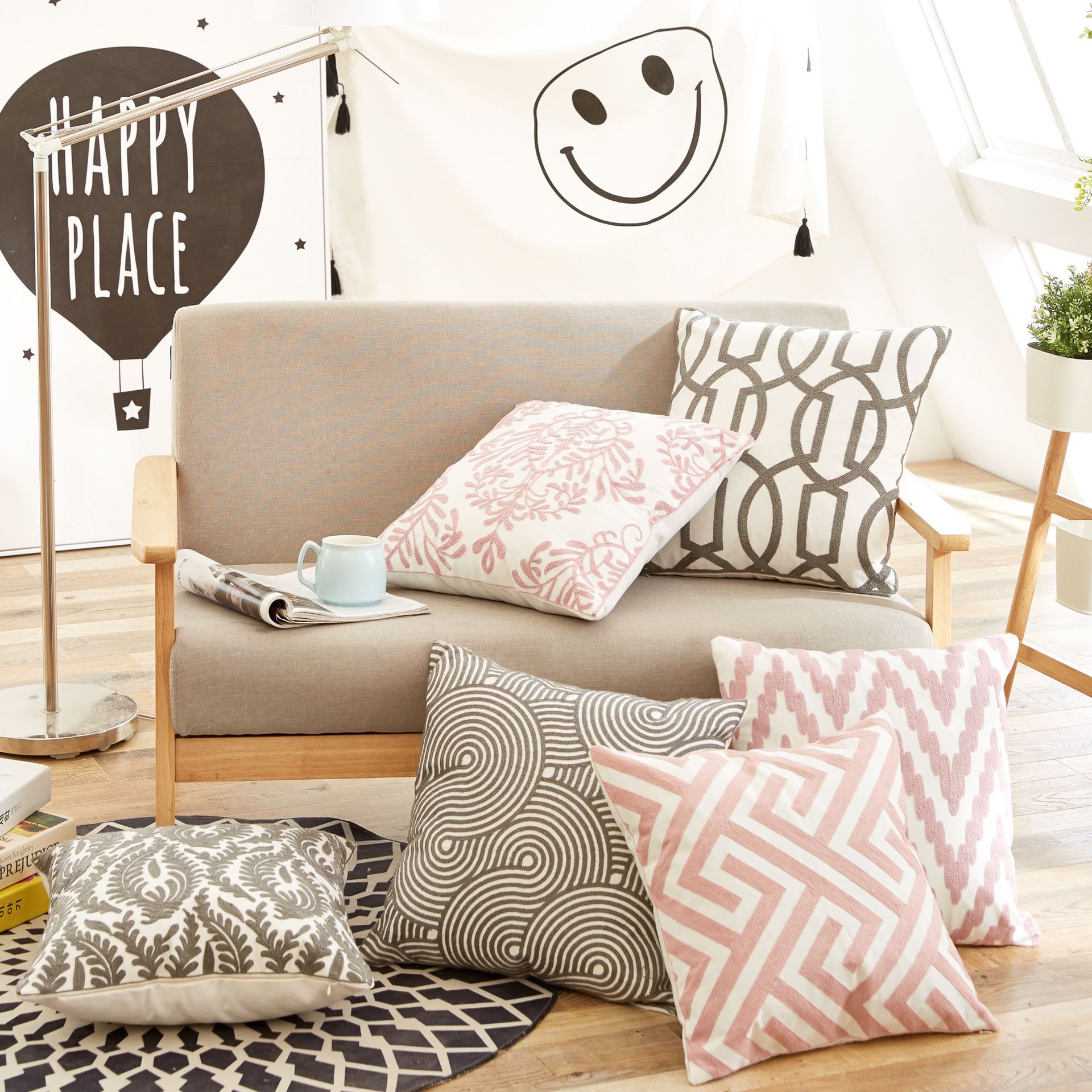 北欧简约几何线条沙发抱枕办公室棉麻刺绣靠垫外销亚马逊枕套详情3