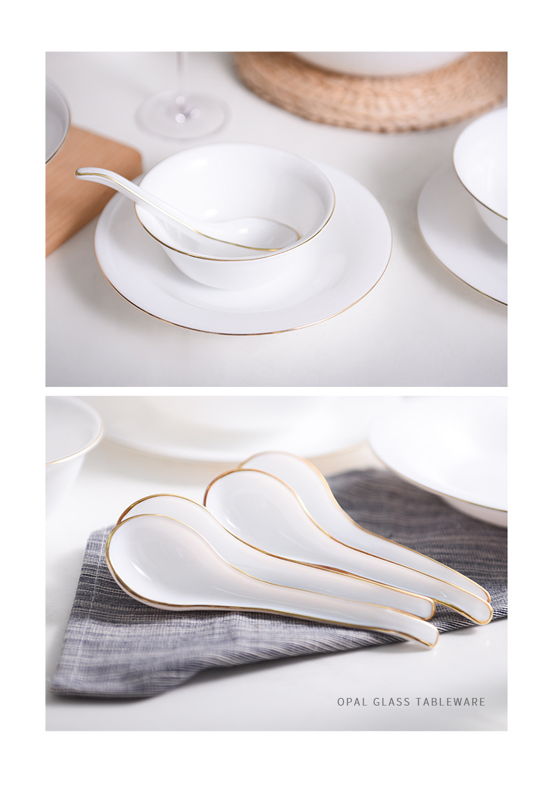 Opal Glassware, a white, gold-rimmed, jade-porcelain, flanged bowl, plate, soup bowl, noodle bowl and salad bowl pic 11