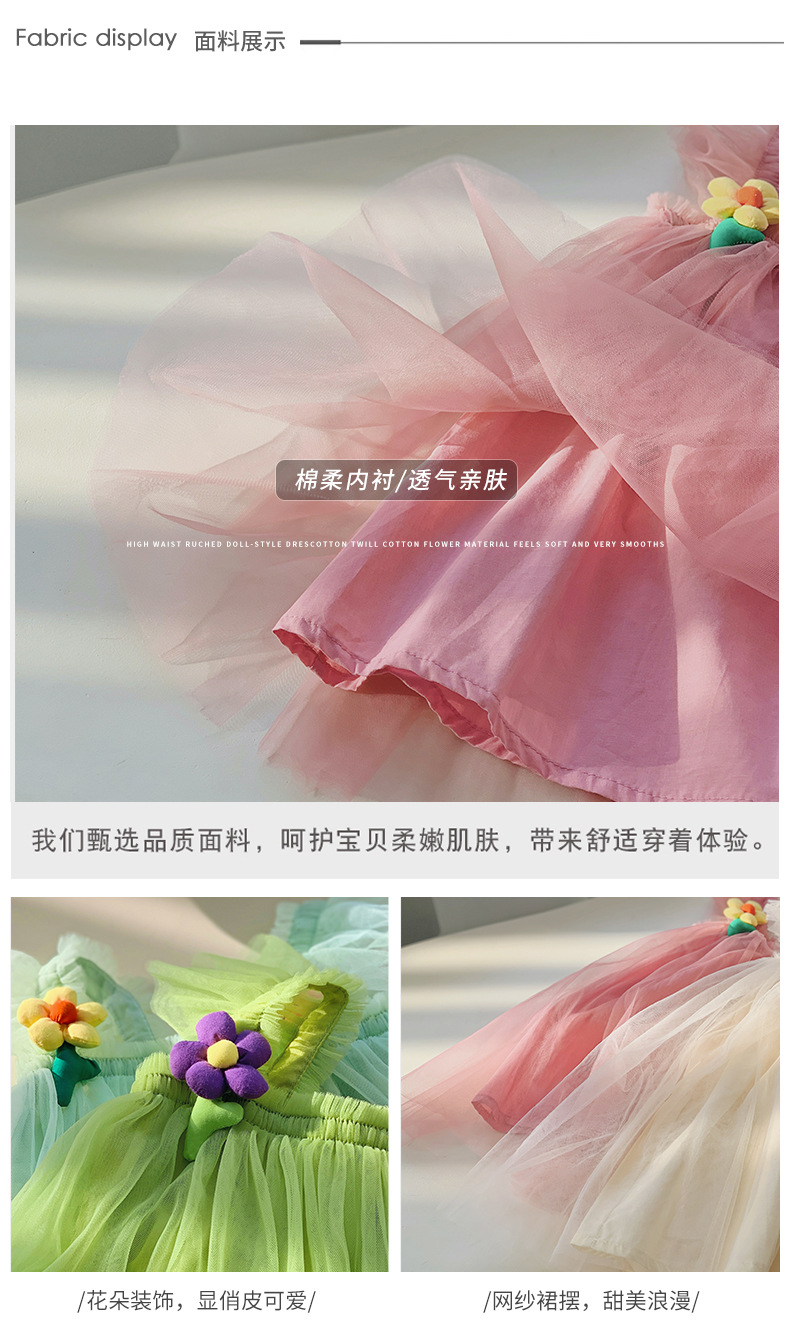 唯美立体花朵网纱女童连衣裙2023夏款飞袖女宝宝蓬蓬裙公主裙子详情6