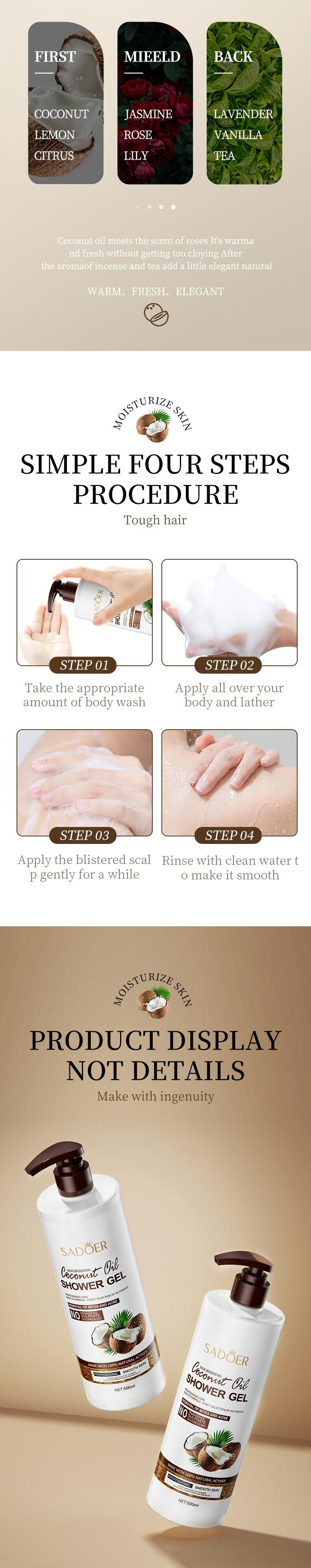 全英文椰子沐浴露500ml SADOER氨基酸滋润留香沐浴乳跨境外贸详情4