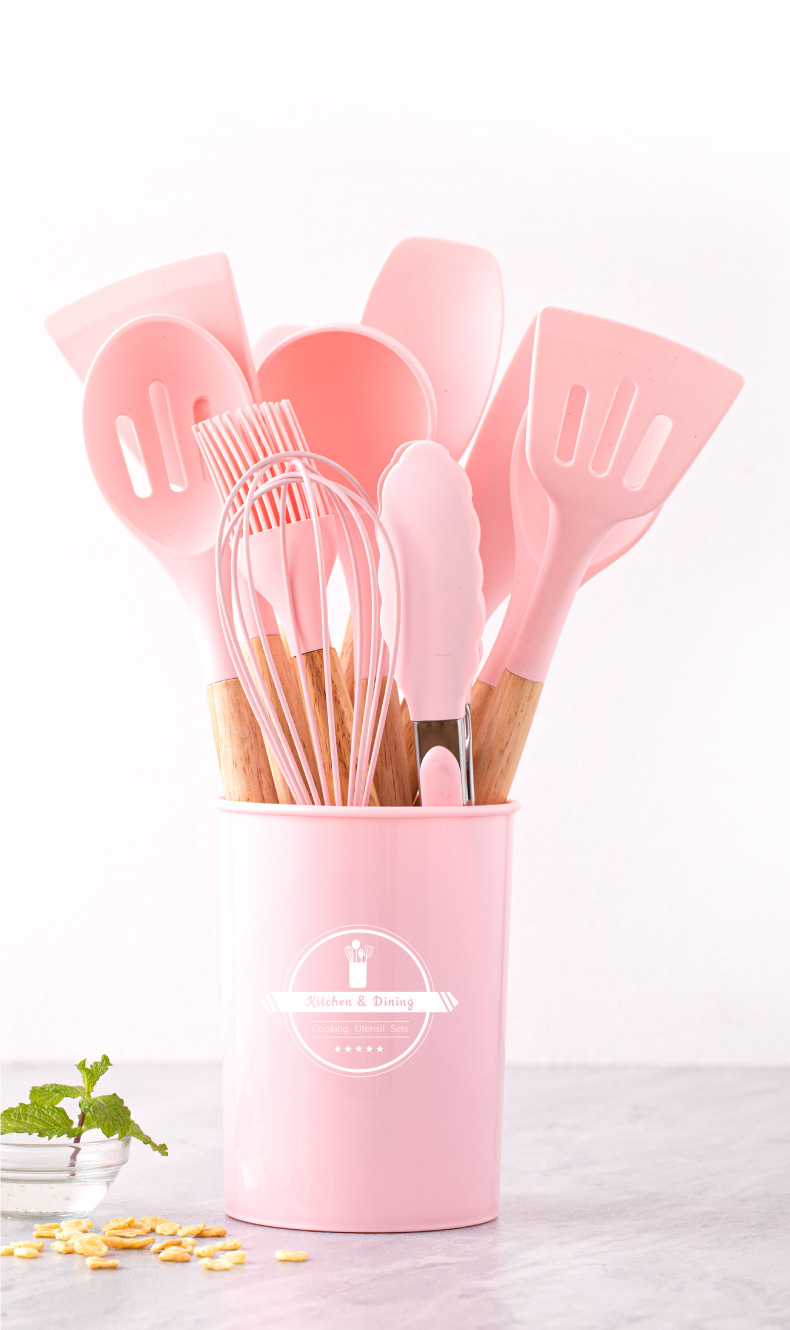 Non-stick cooking pan storage bucket, wooden handle, silicone kitchenware 12-piece set, silicone kitchenware 11-piece set pic 14