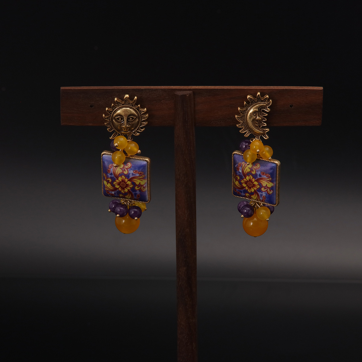 中古vintage高级感宫廷风小众设计气质复古金做旧流苏耳饰紫色详情3