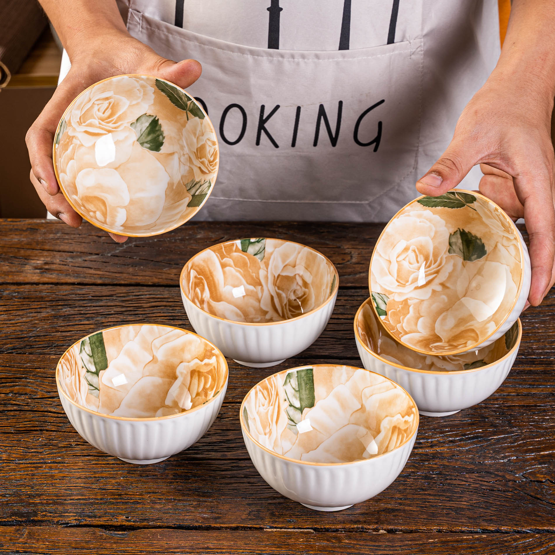 釉下彩陶瓷4.5英寸米饭碗汤碗家用商端中式餐具灰黄牡丹套装6个装详情10