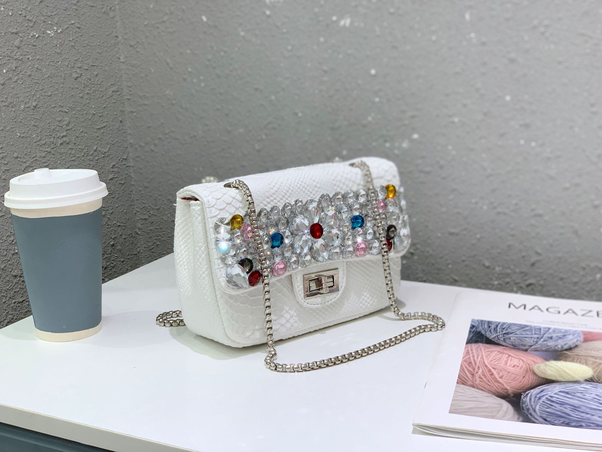 Chanel snake-patterned diamond bag, single-shoulder crossbody bag, crystal gemstone hot mom bag, flower sequined chain bag, water diamond bag pic 26