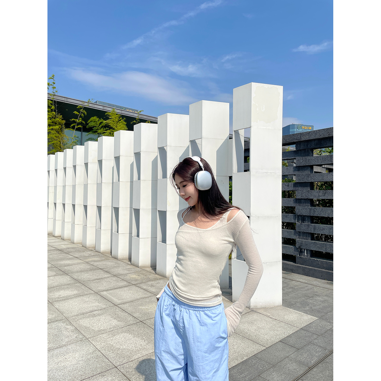 子川蓝色系清凉垂感工装裤女2024夏季新款松紧腰百搭直筒长裤8656详情5