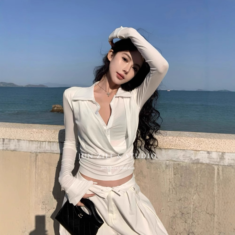 基础款纯色简约百搭舒适慵懒风薄款上衣U领打底衫内搭长袖t恤女详情10