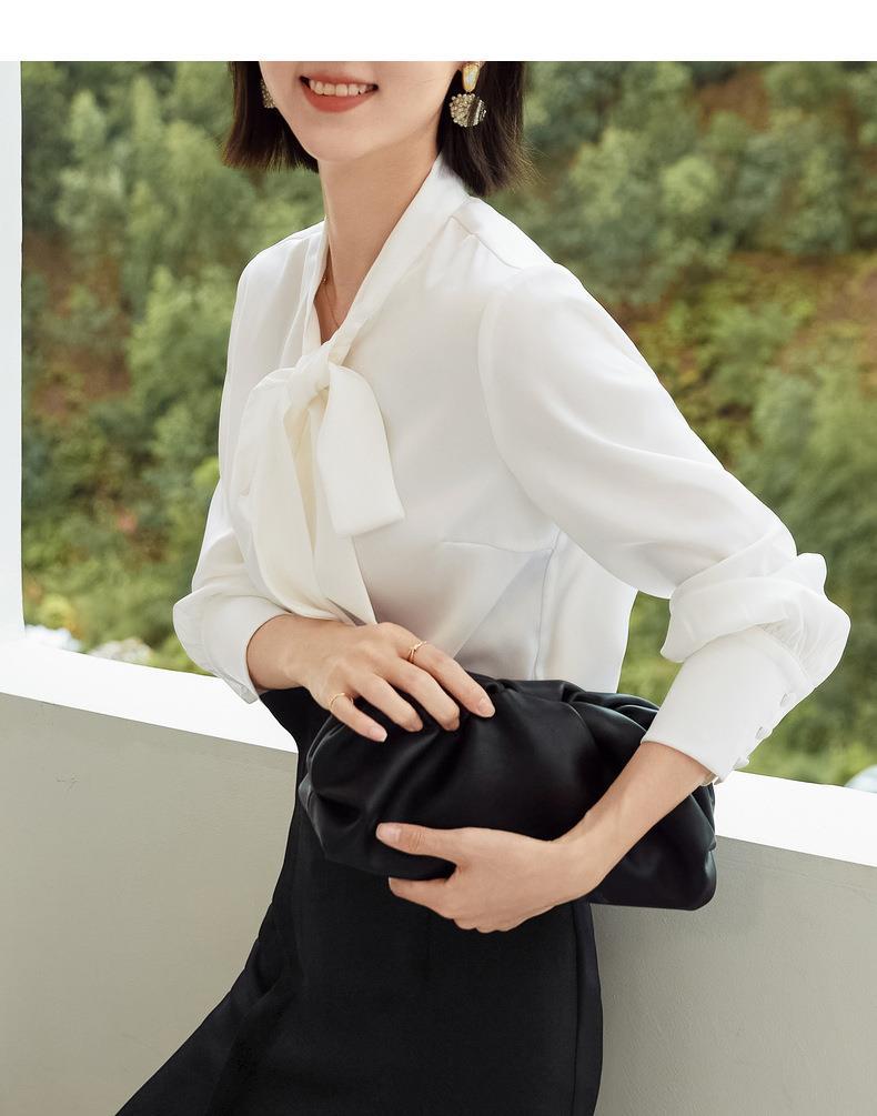 百薇秋季新品飘带女式衬衫潮流蝴蝶结女装通勤风纯色开衫系带上衣详情13