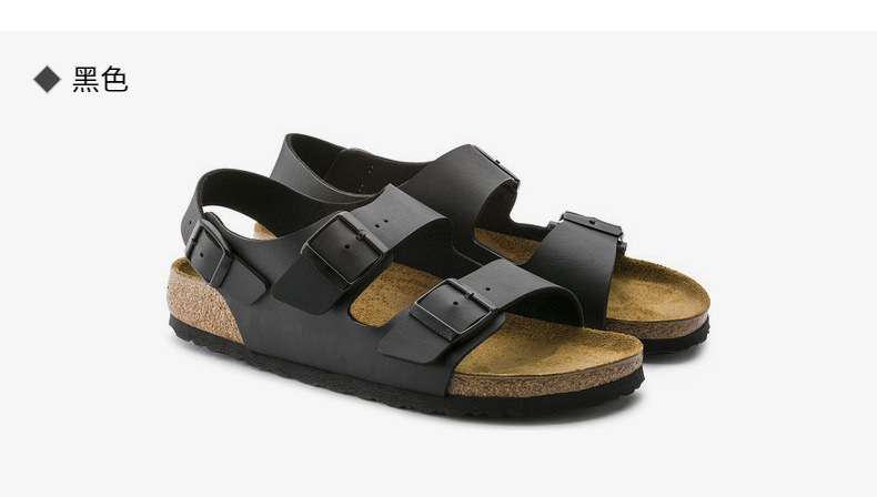 BK全牛皮勃肯鞋真皮软木凉鞋复古男女款厚底双排扣棕色大码博肯鞋详情23