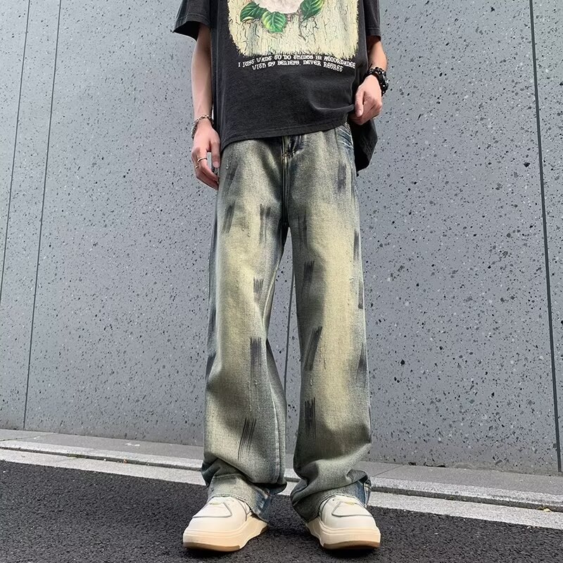 2024复古休闲做旧牛仔裤学生时尚百搭款垂感宽松阔腿拖地牛仔裤男详情3