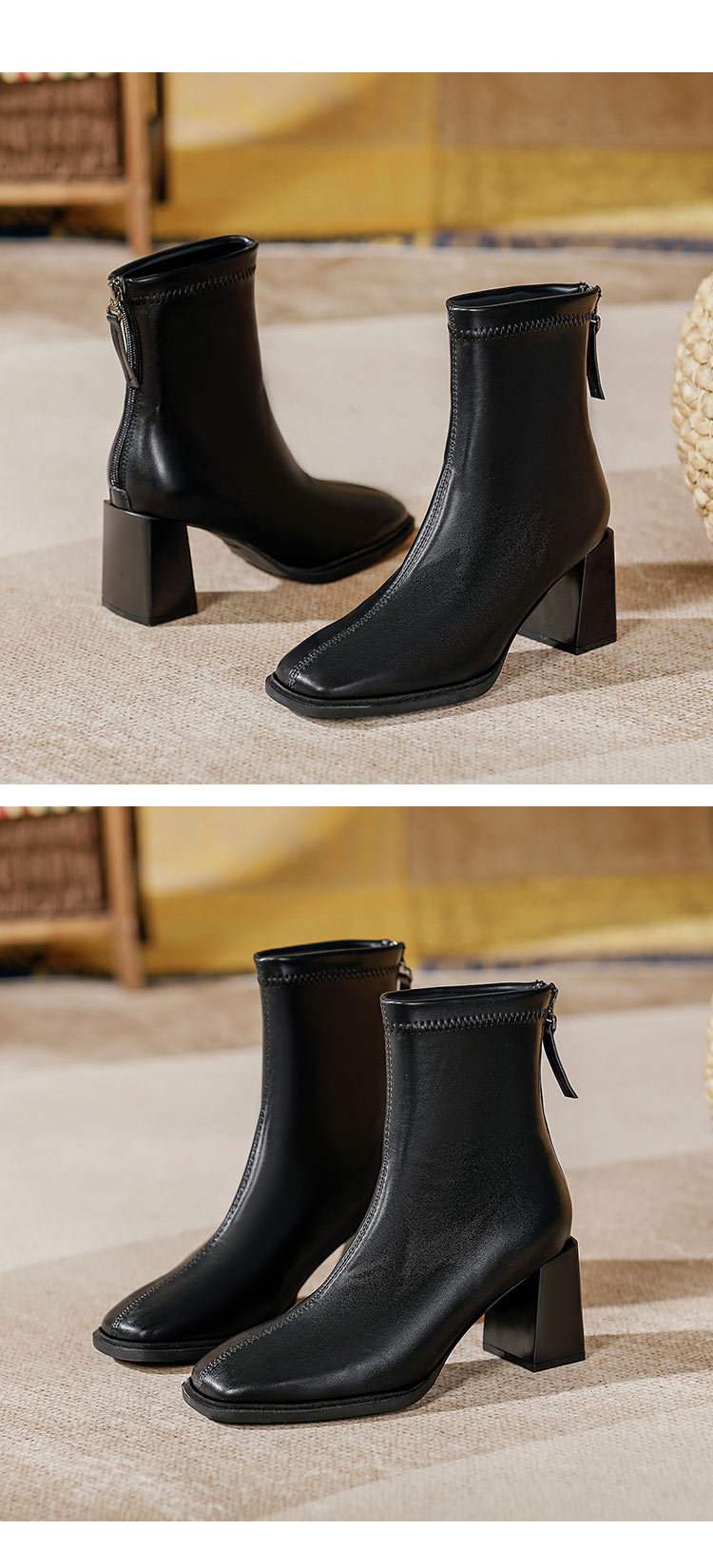 法式高跟短靴2023年新款粗跟时装靴子软皮白色春秋单靴方头瘦瘦靴详情18