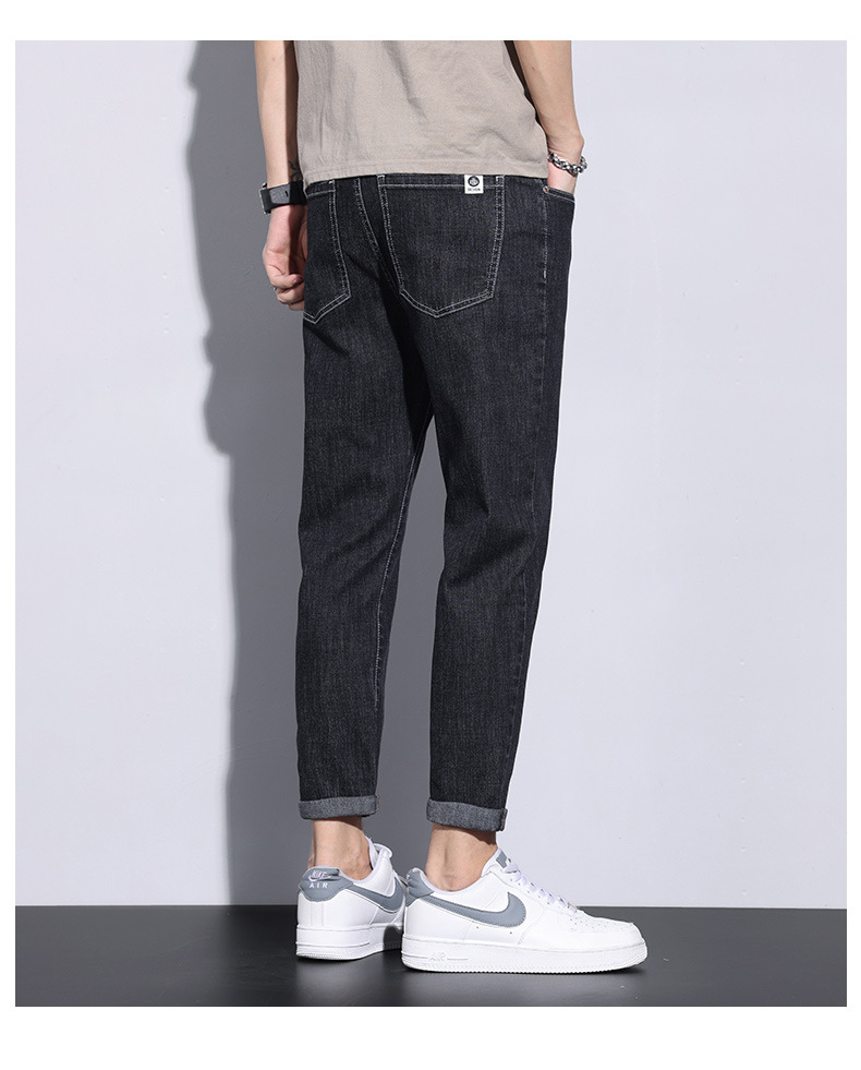 米杉高品质牛仔360#男士工艺修身牛仔裤弹力小直筒九分裤黑灰色长详情10