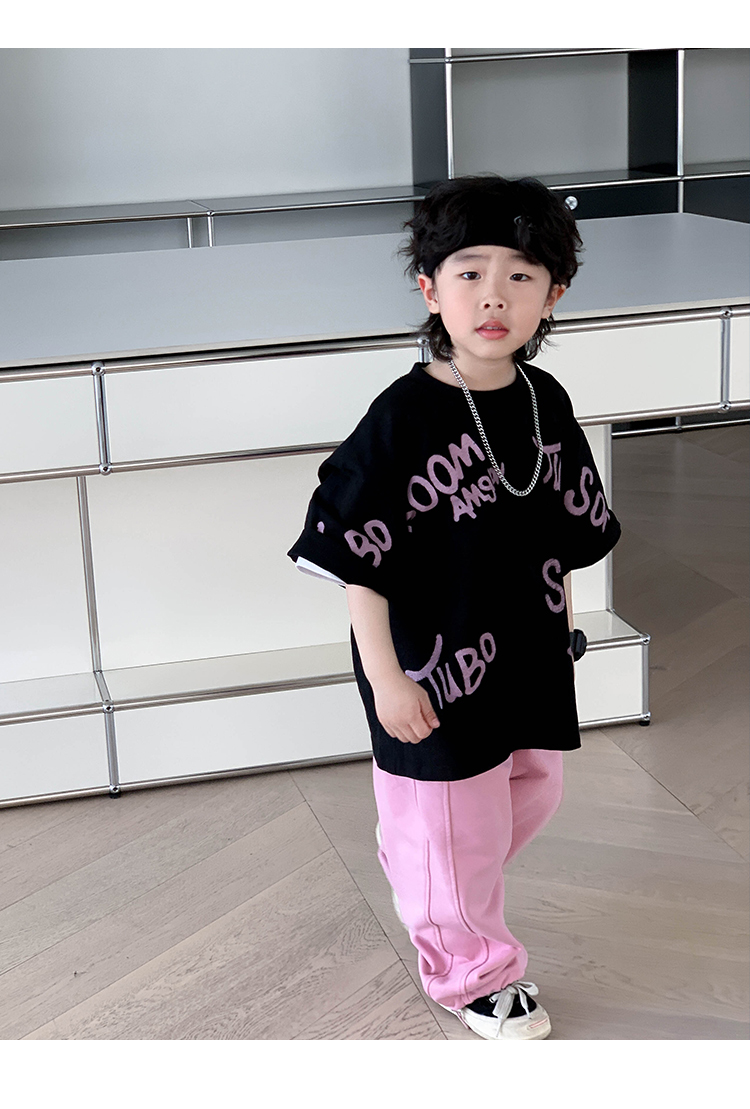 小小郑童装儿童夏装中大童痞帅棉粉黑字母男童短袖t恤2024新款详情25