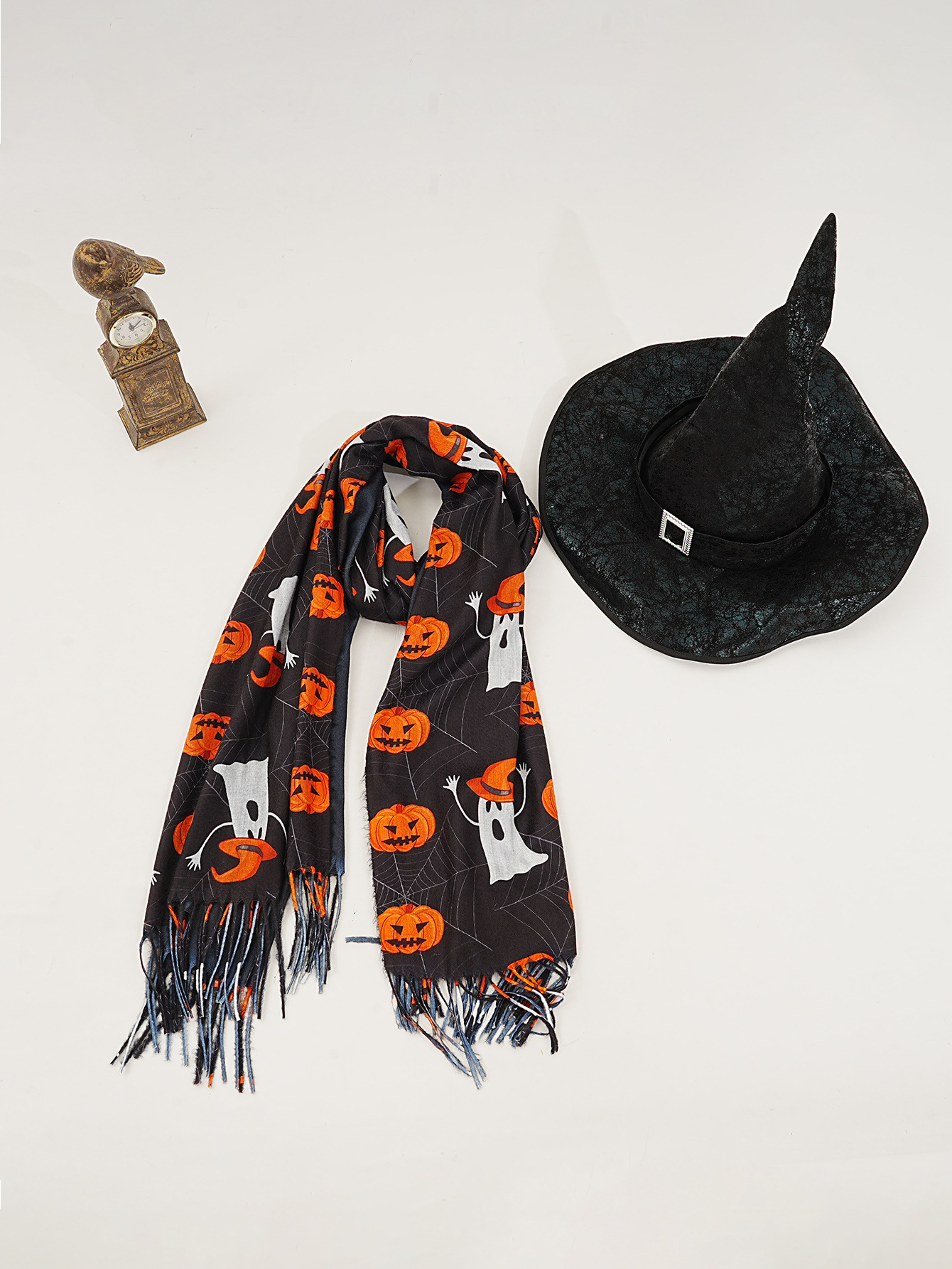 New faux cashmere black Halloween ghost pumpkin digital print scarf Magic Awakening Wizard hat set pic 10
