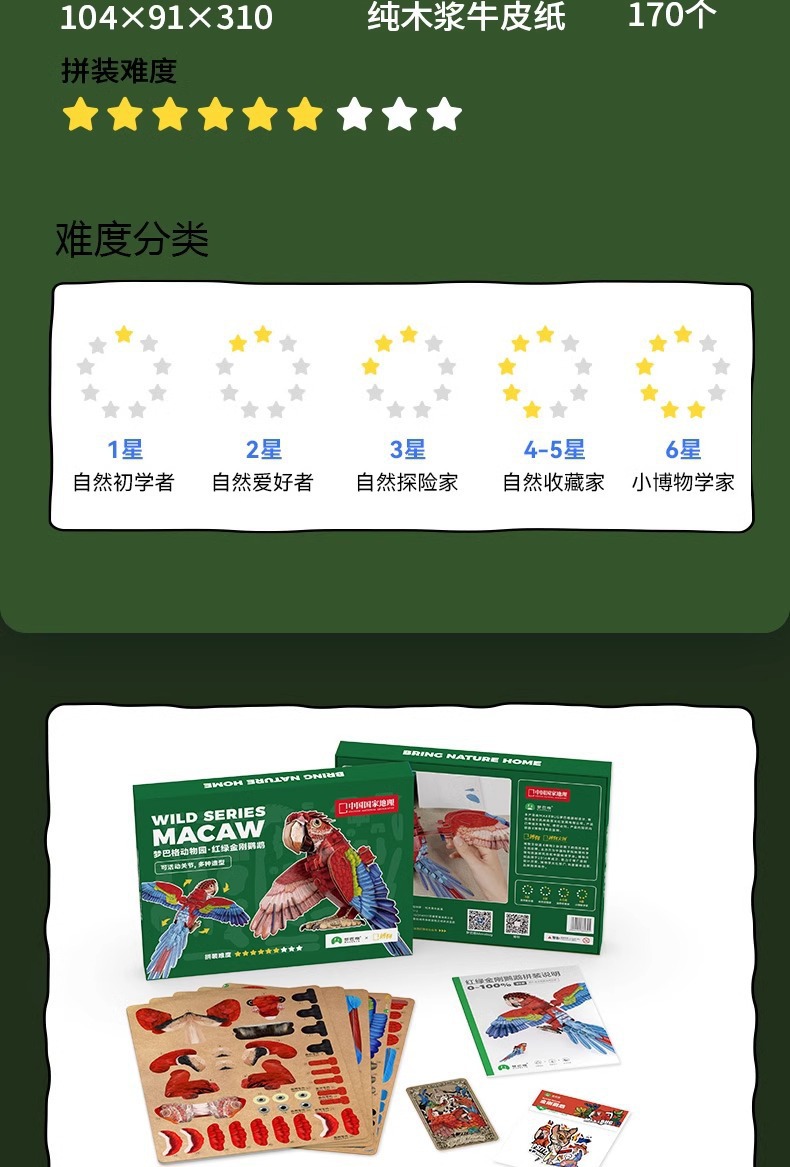 梦巴格3D立体纸拼图益智模型拼插装玩具自然科普动物手工金刚鹦鹉详情3