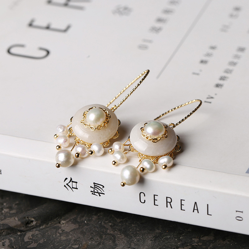 Jade Peace Pendant earrings, 14k gold inlaid, handcrafted natural pearl long tassel earrings, elegant and versatile earrings for women pic 12