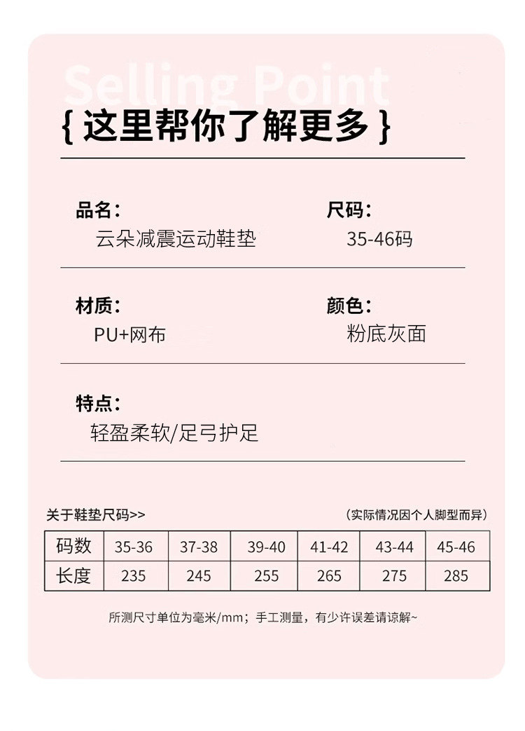 云朵鞋垫减震透气吸汗男女运动软底高弹舒适不累脚鞋垫批发详情5