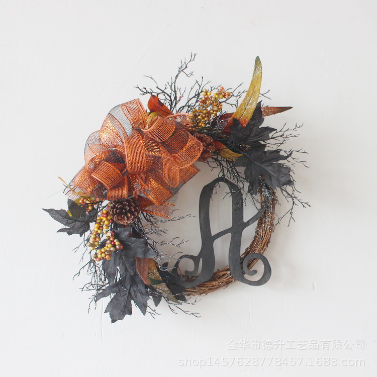 Desheng Cross-border E-commerce Amazon Halloween Simulation black maple leaves, pumpkins, ribbons, branches, wooden signs, rattan rings, garlands pic 8