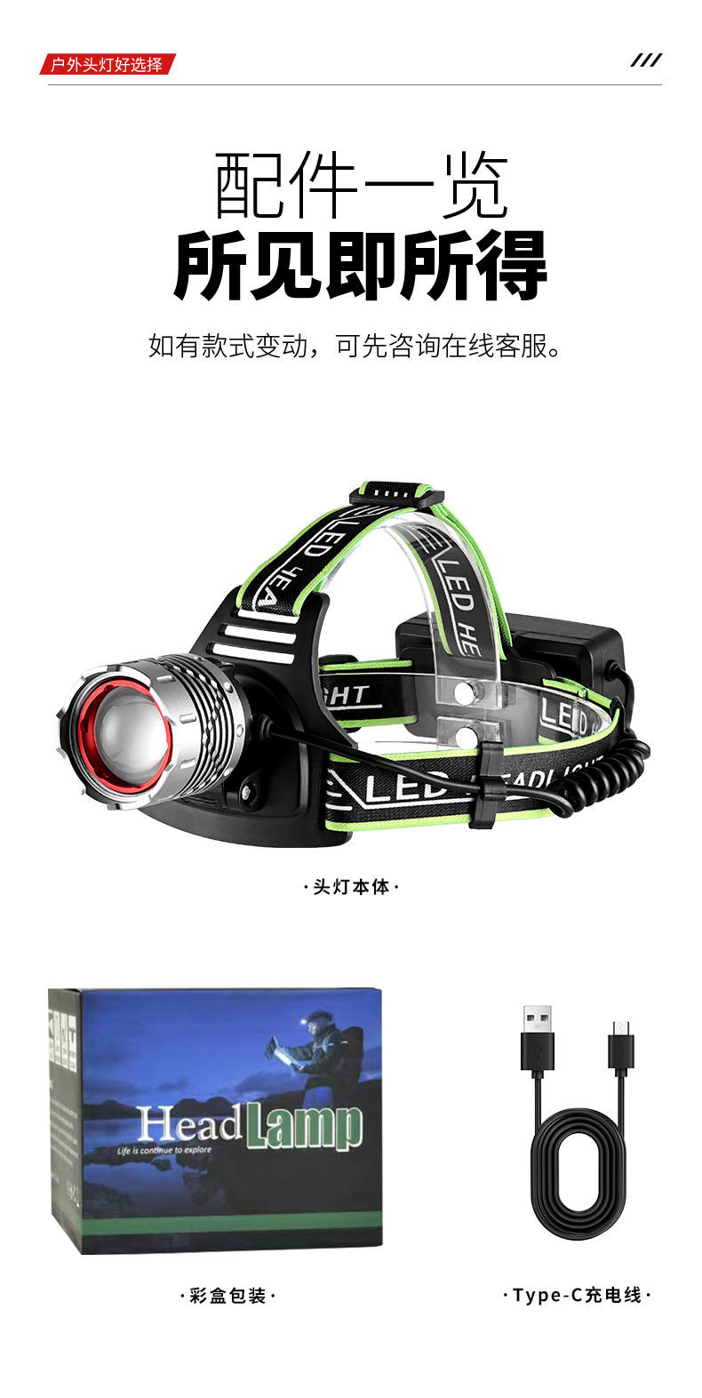 跨境户外防水多功能头灯强光超亮TYPE-C充电长续航钓鱼头灯工作灯详情14
