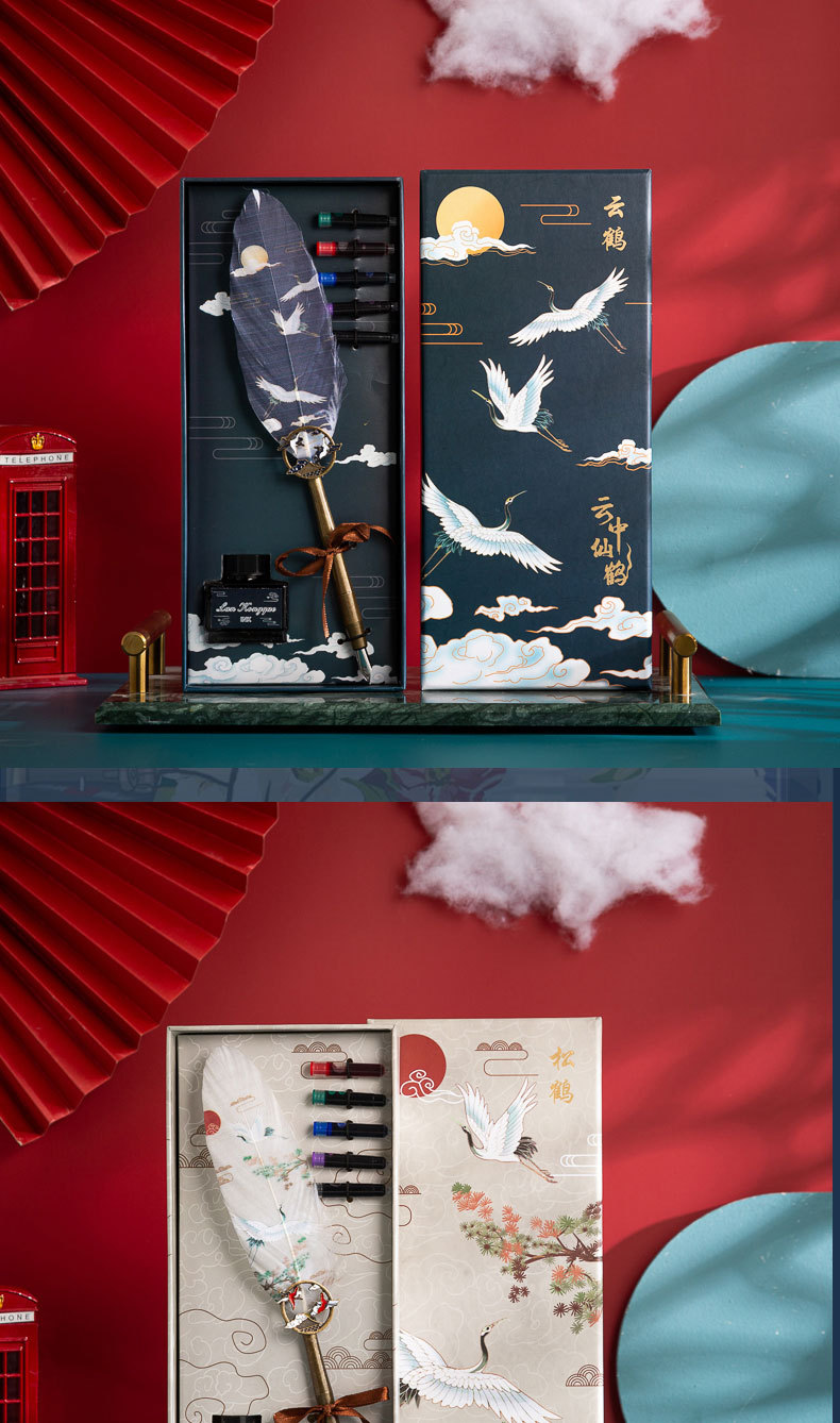 见鹤归笔记本云中仙鹤墨囊钢笔复古中国风羽毛蘸水笔钢笔套装详情11