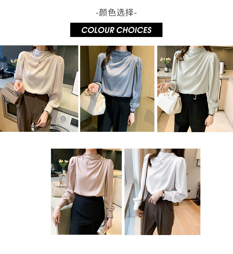 外贸供货2023轻熟气质立领褶皱灯笼袖时尚长袖上衣宽松女士衬衫详情4