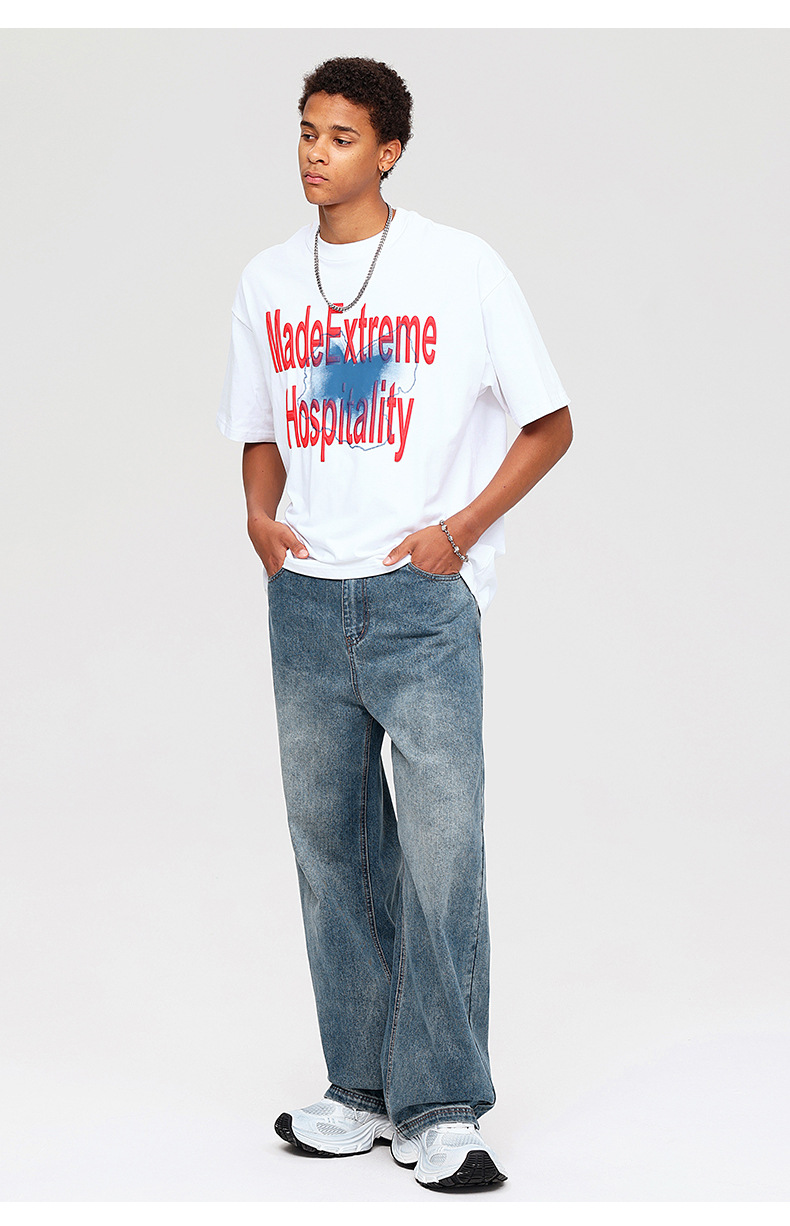 LK男装|美式做旧直筒牛仔裤男女潮牌百搭休闲阔腿拖地长裤子1012详情9