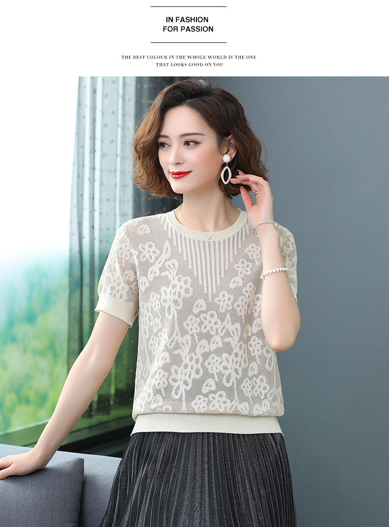 短袖女士2023新款丅t恤漂亮镂空中年妈妈冰丝针织衫上衣夏装体桖t详情19