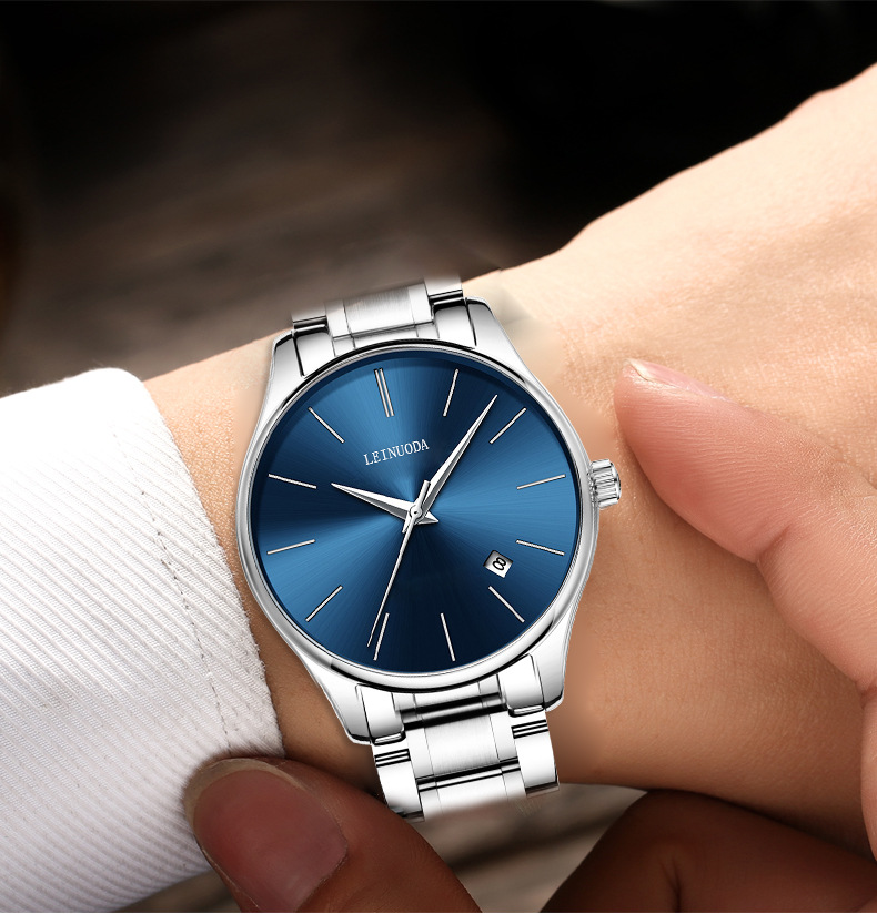 源头厂家男士单日历手表简约刻度石英表时尚防水夜光实心钢带腕表详情38